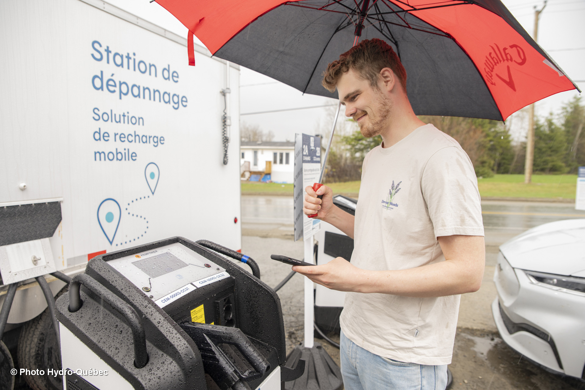 Homme devant station de recharge tenant téléphone et un parapluie.